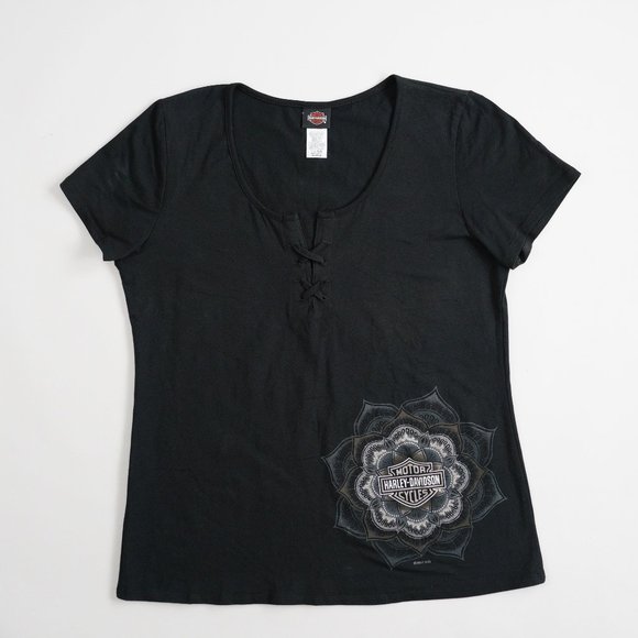 Harley-Davidson Tops - Harley-Davidson Motocycles Floral Biker Notch Nech Short Sleeve Top Women Size L